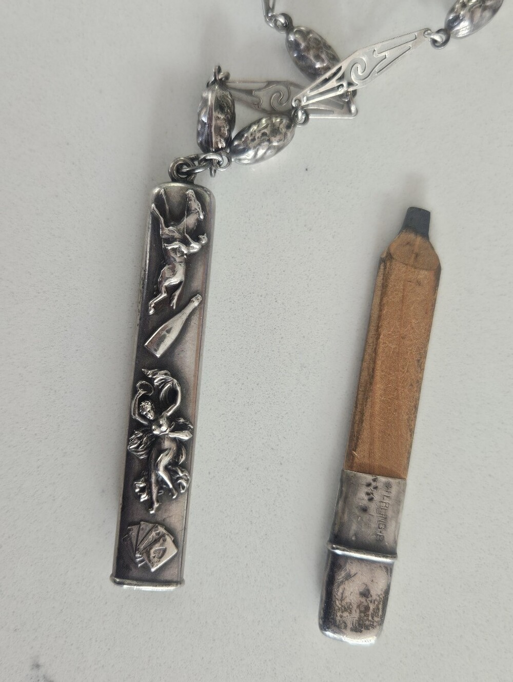 Antique Victorian Sterling Repousse Pencil Pendant Unique 24" Chain Necklace - Picture 7 of 12